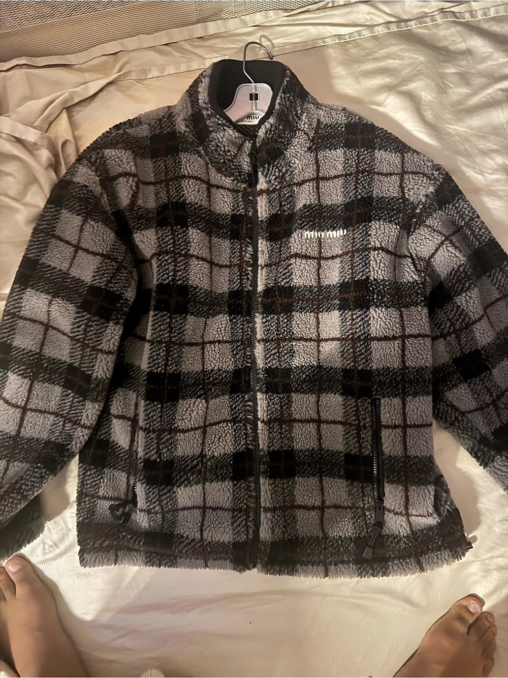 Miu Checked Teddy Zipper Jacket Gray & Black